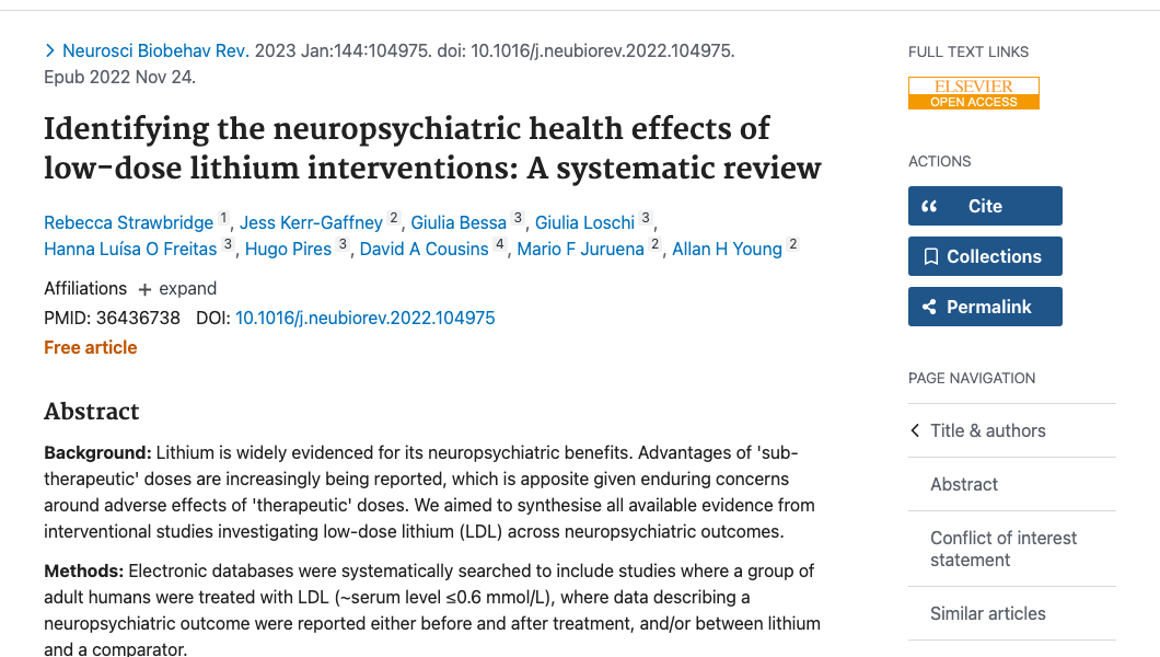 Title and abstract of Identifying the neuropsychiatric health effects of low-dose lithium interventions: A systematic review.
