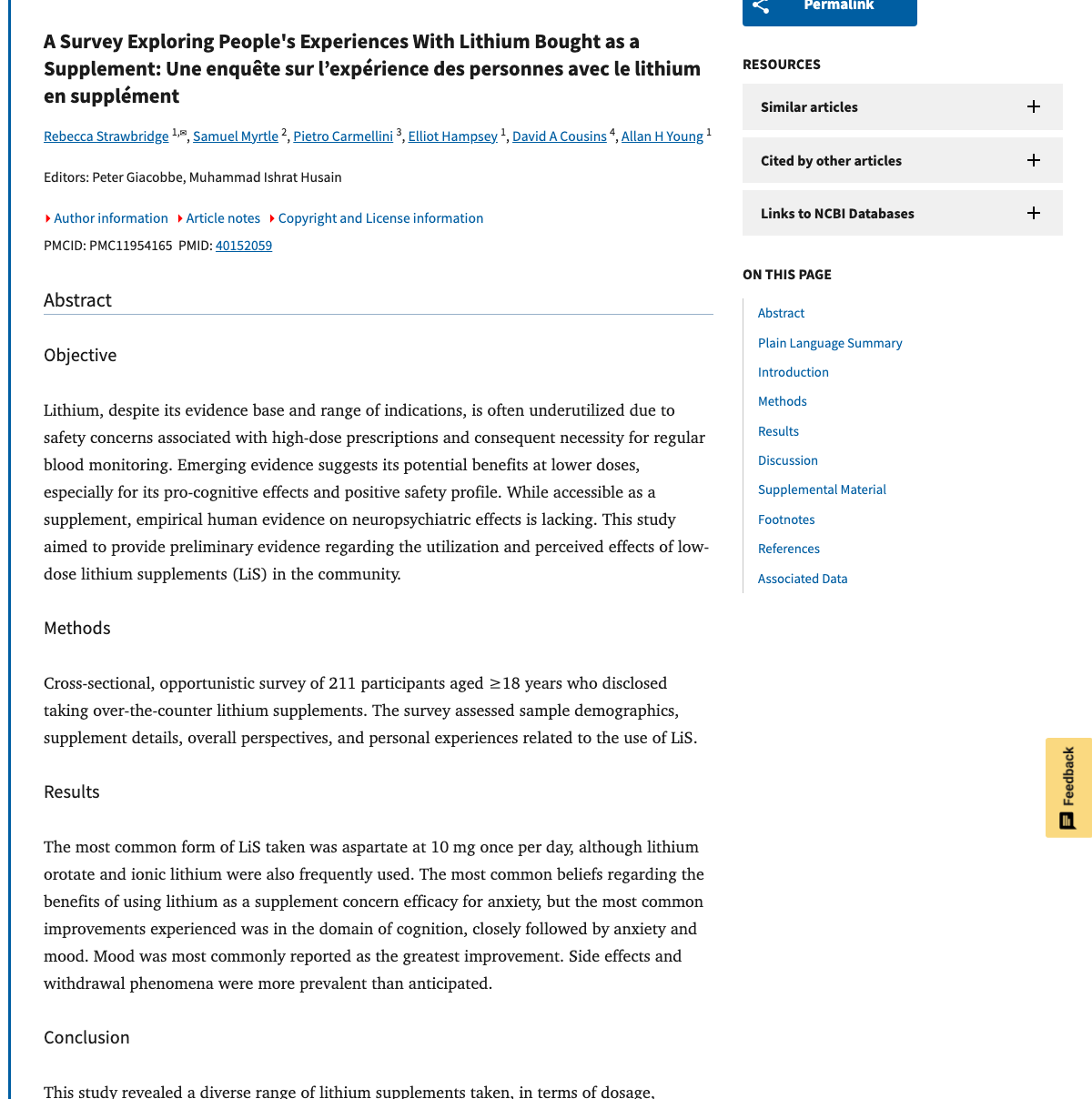 Title and abstract of A Survey Exploring People's Experiences With Lithium Bought as a Supplement.