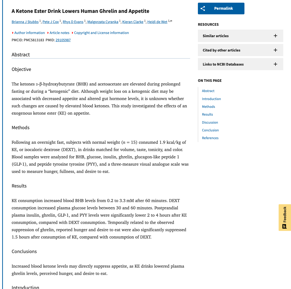 Title and abstract of A ketone ester drink lowers human ghrelin and appetite