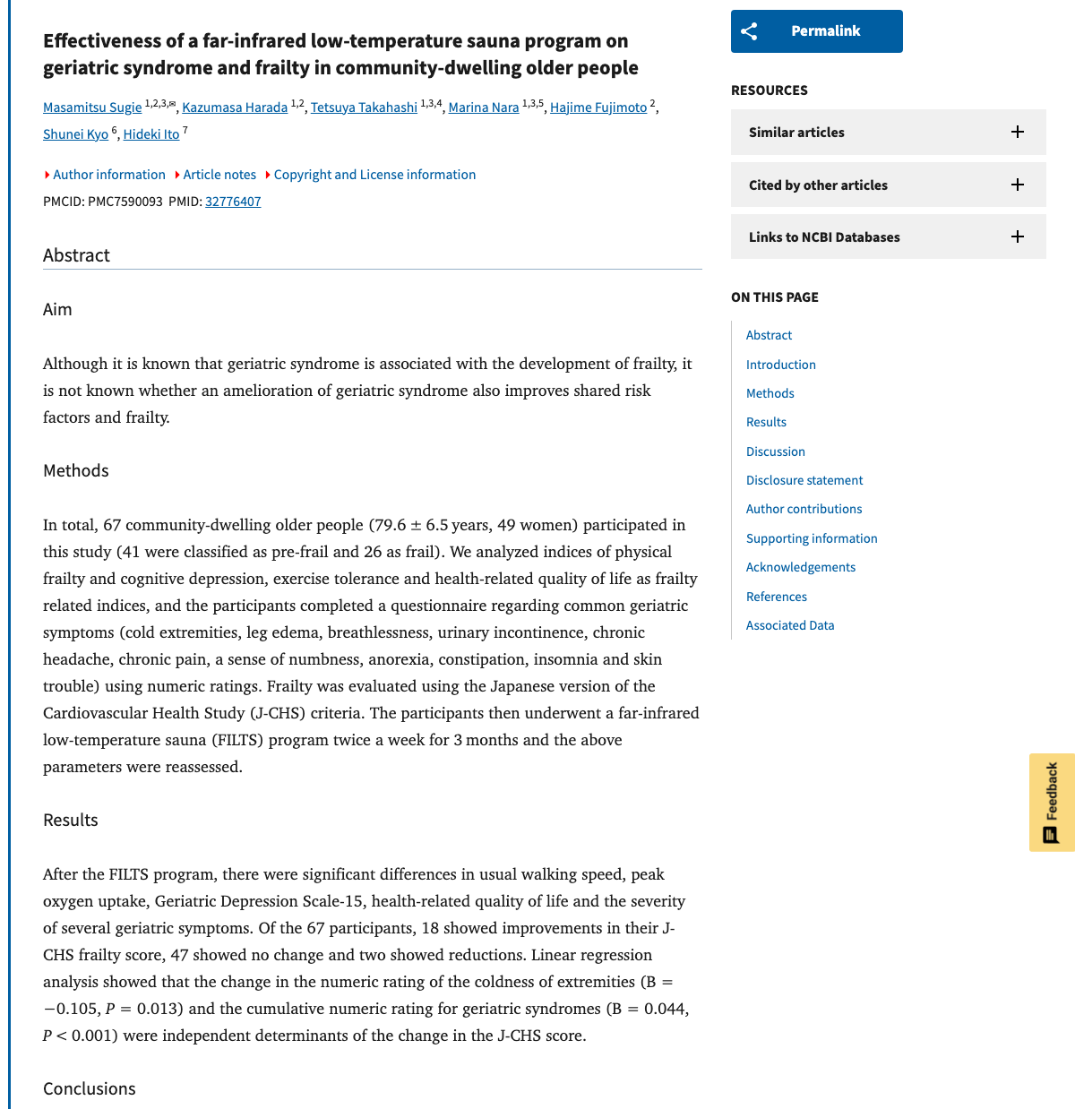 Title and abstract of Effectiveness of a far-infrared low-temperature sauna program on geriatric syndrome and frailty in community-dwelling older people.
