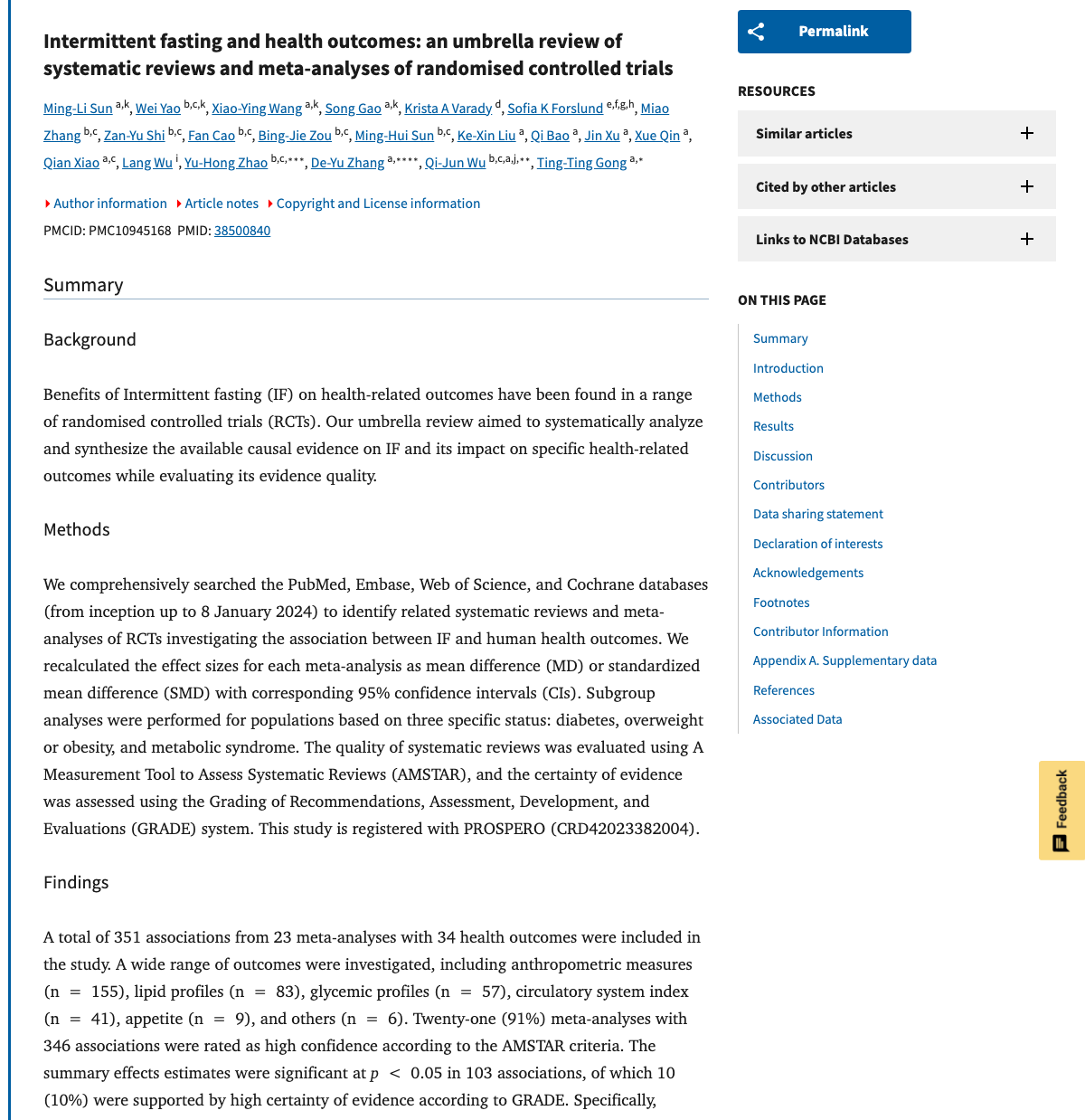 Title and abstract of Intermittent fasting and health outcomes: an umbrella review of systematic reviews and meta-analyses of randomised controlled trials.