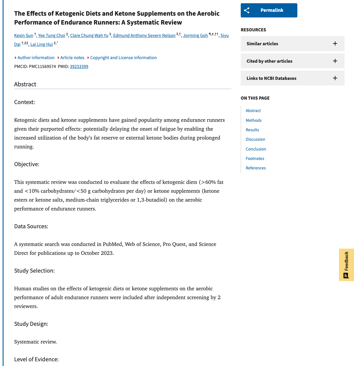 Title and abstract of The Effects of Ketogenic Diets and Ketone Supplements on the Aerobic Performance of Endurance Runners: A Systematic Review.