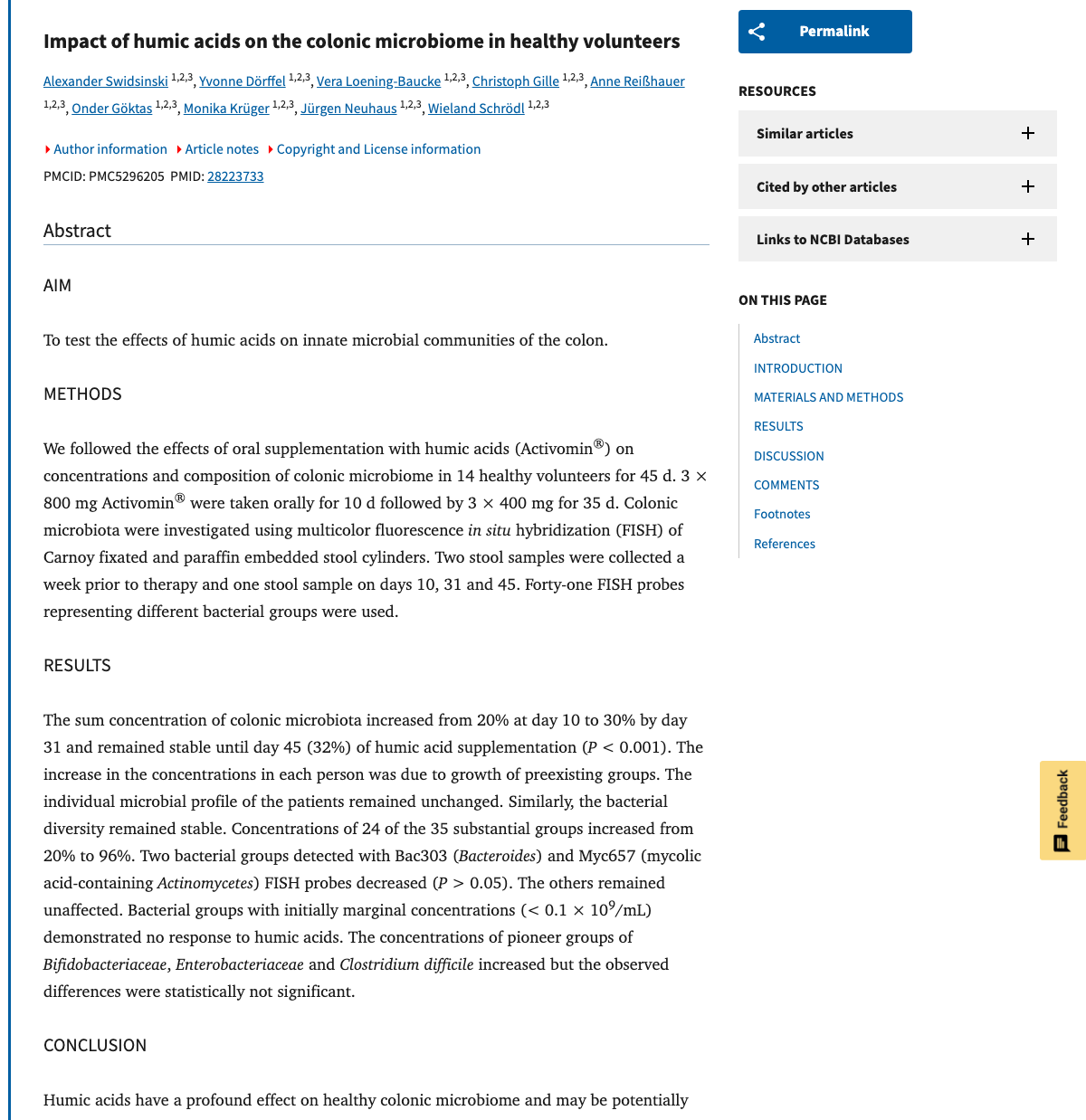 Title and abstract of Impact of humic acids on the colonic microbiome in healthy volunteers