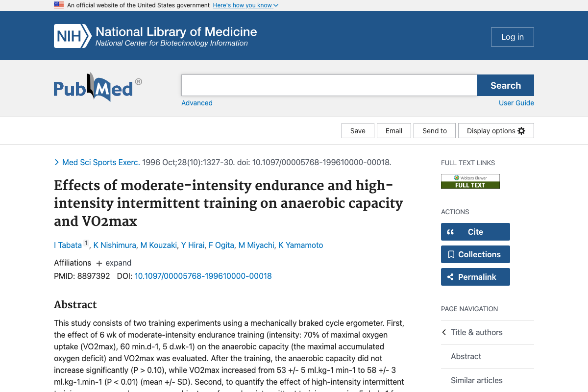 Title and abstract of Effects of moderate-intensity endurance and high-intensity intermittent training on anaerobic capacity and VO2max