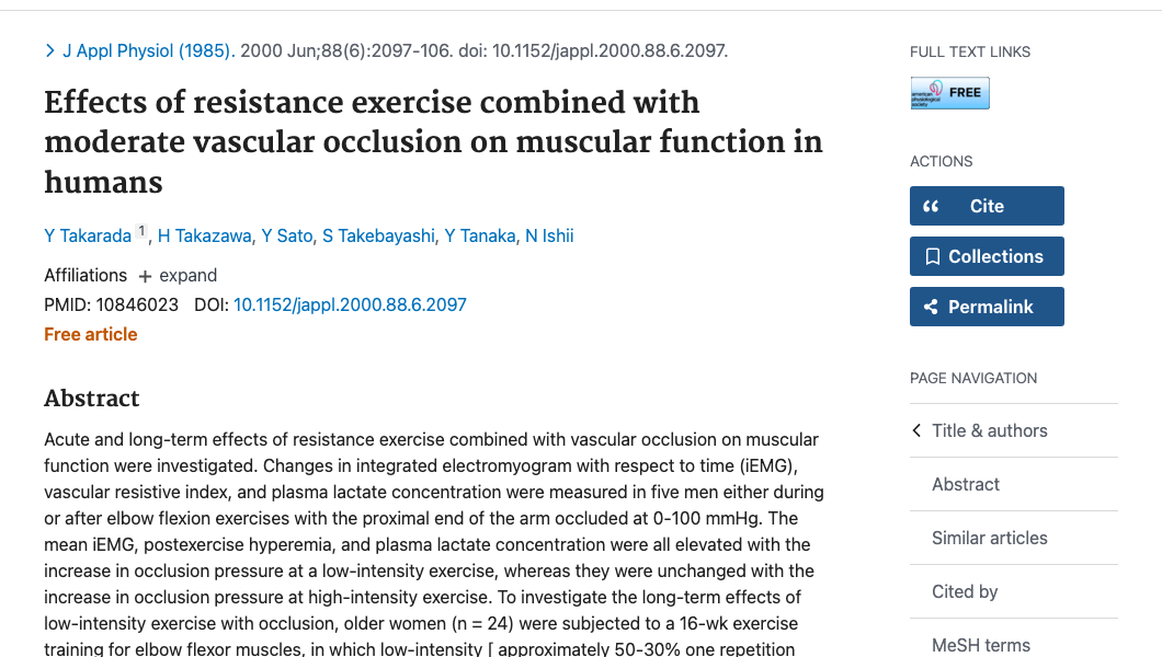 Title and abstract of Effects of resistance exercise combined with vascular occlusion on muscle function in athletes