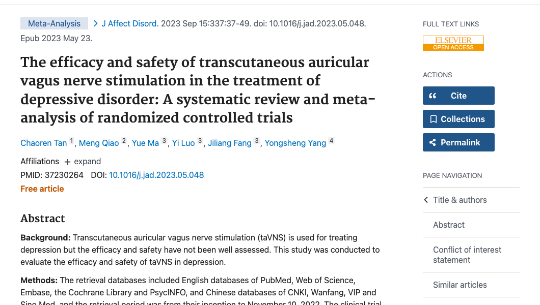 Title and abstract of The efficacy and safety of transcutaneous auricular vagus nerve stimulation in the treatment of depressive disorder: A systematic review and meta-analysis of randomized controlled trials.