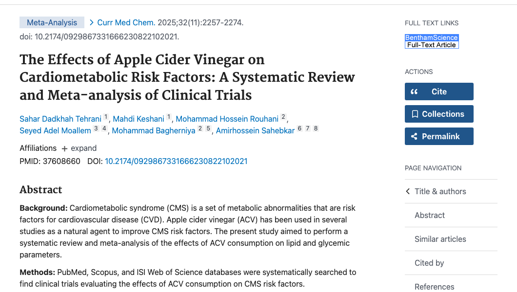 Title and abstract of The Effects of Apple Cider Vinegar on Cardiometabolic Risk Factors: A Systematic Review and Meta-analysis of Clinical Trials.
