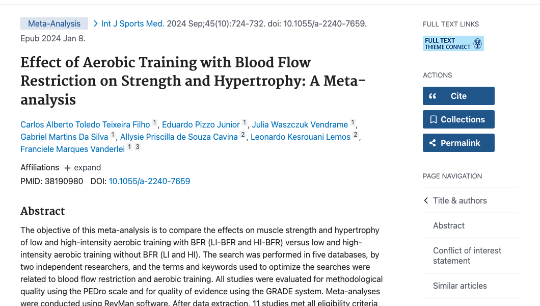 Title and abstract of Effect of Aerobic Training with Blood Flow Restriction on Strength and Hypertrophy: A Meta-analysis.