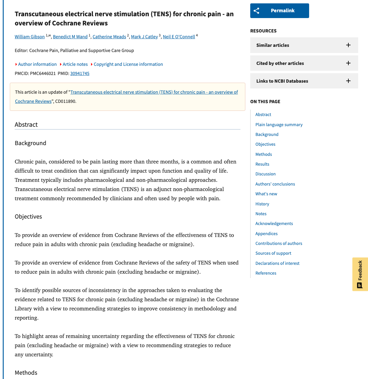 Title and abstract of Transcutaneous electrical nerve stimulation (TENS) for chronic pain: An overview of Cochrane Reviews