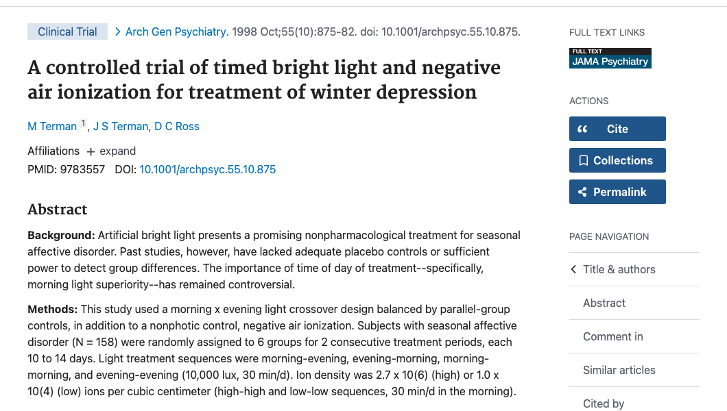 Title and abstract of A controlled trial of timed bright light and negative air ionization for treatment of winter depression