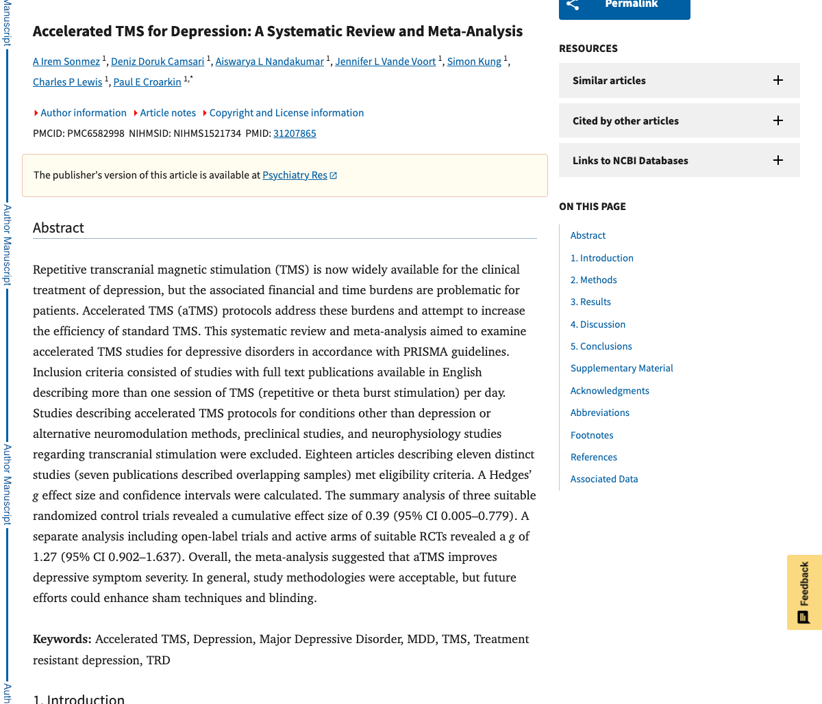 Title and abstract of Accelerated TMS for Depression: A systematic review and meta-analysis