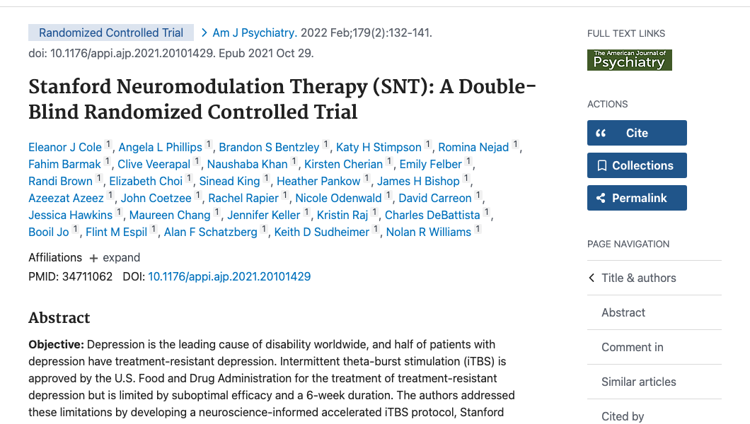 Title and abstract of Stanford Neuromodulation Therapy (SNT): A Double-Blind Randomized Controlled Trial.