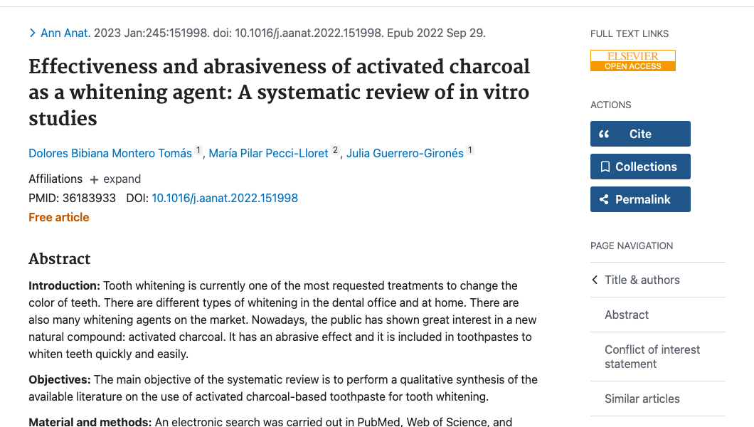 Title and abstract of Effectiveness and abrasiveness of activated charcoal as a whitening agent: A systematic review of in vitro studies.