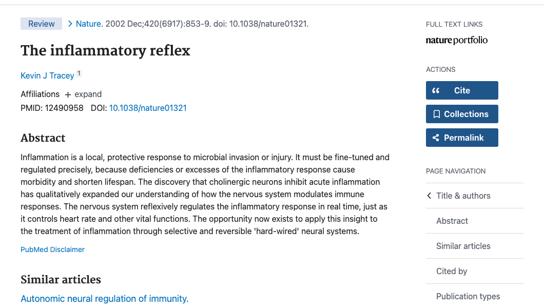 Title and abstract of The inflammatory reflex