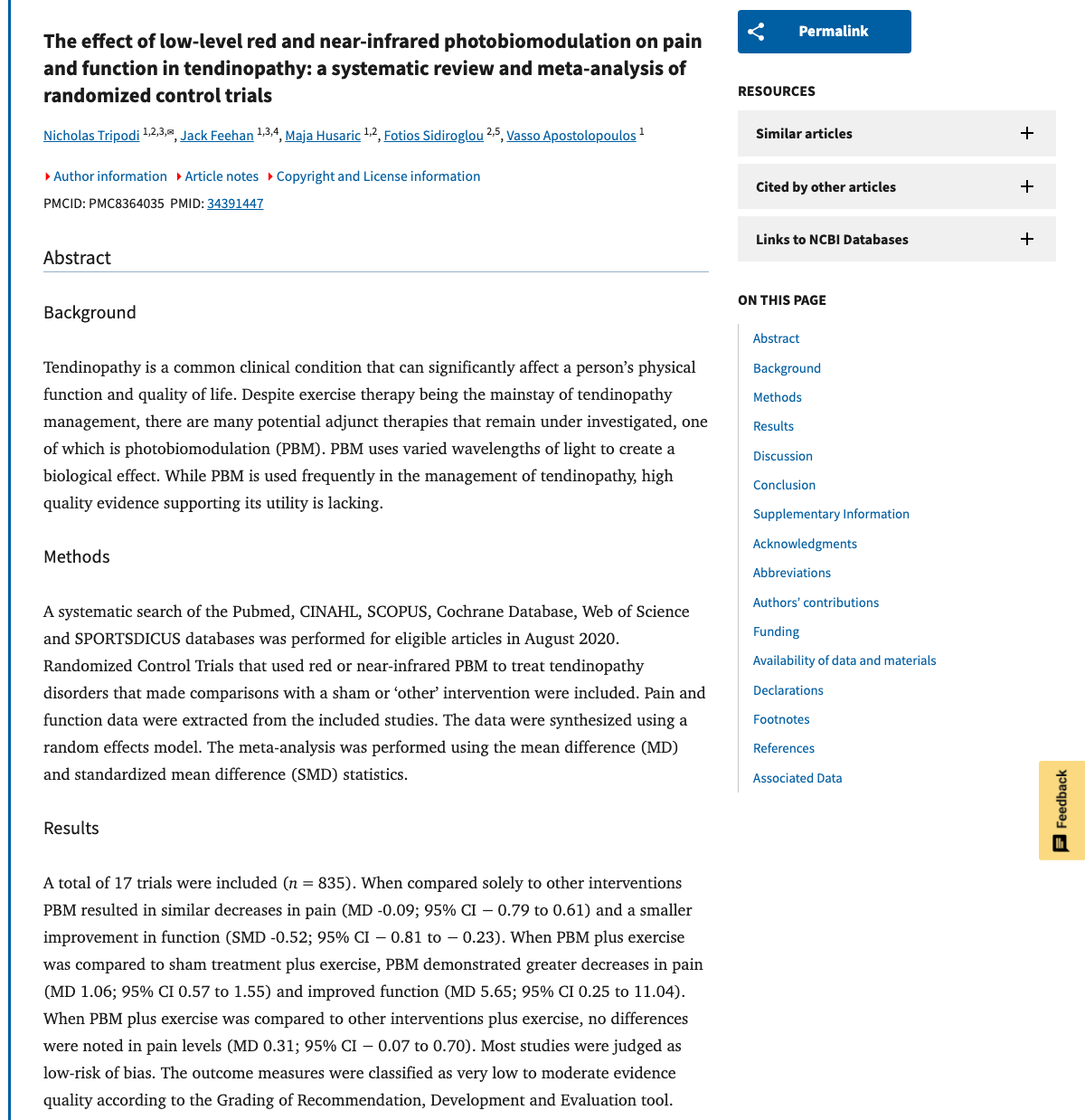 Title and abstract of The effect of low-level red and near-infrared photobiomodulation on pain and function in tendinopathy: a systematic review and meta-analysis of randomized control trials.