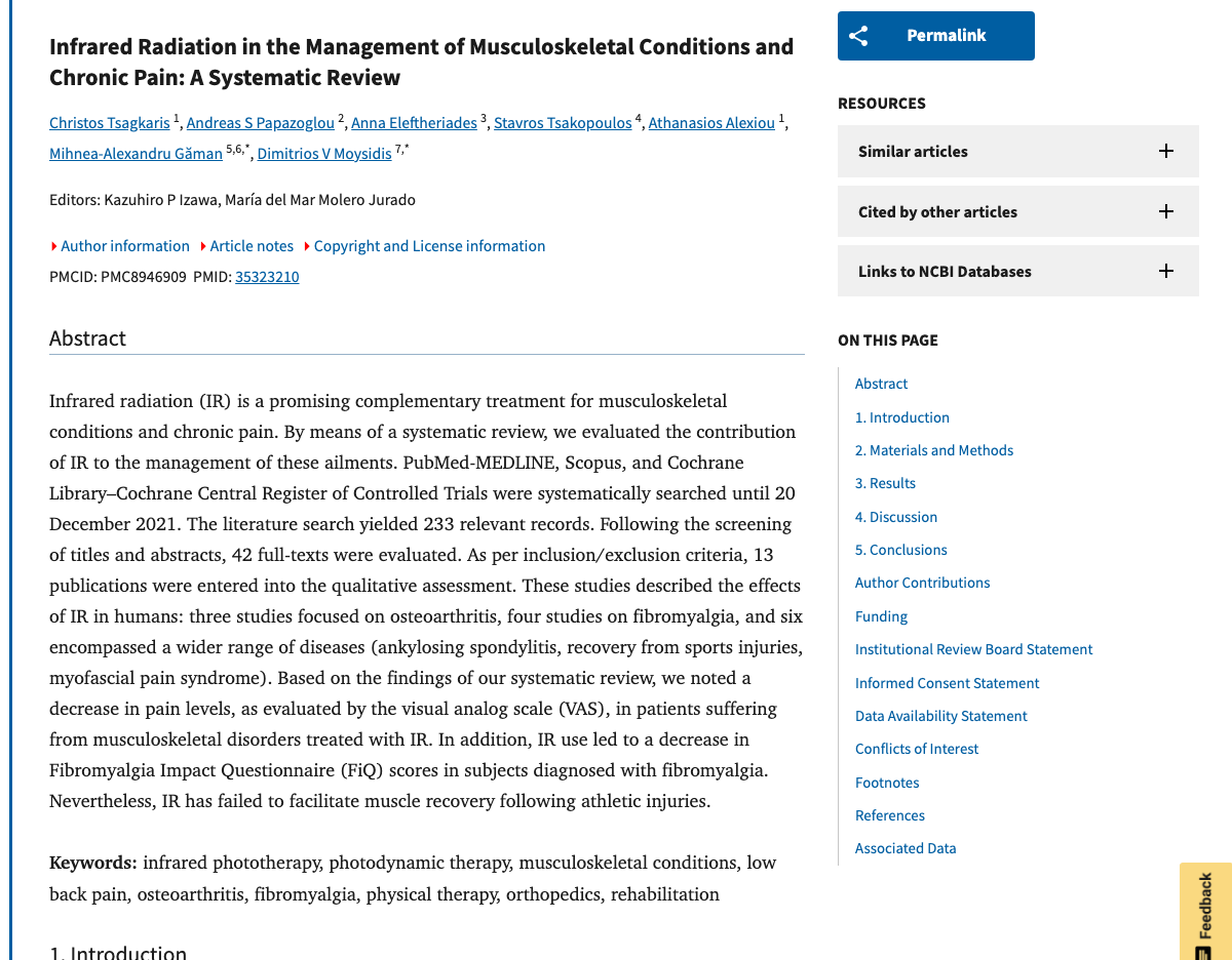 Title and abstract of Infrared Radiation in the Management of Musculoskeletal Conditions and Chronic Pain: A Systematic Review.