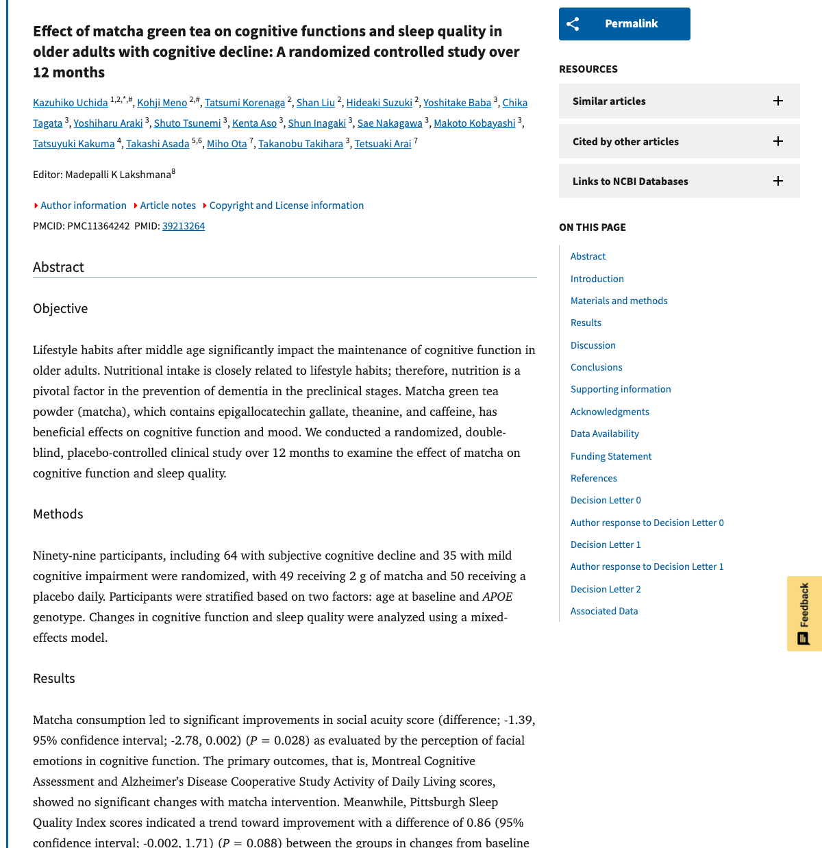 Title and abstract of Effect of matcha green tea on cognitive functions and sleep quality in older adults with cognitive decline: A randomized controlled study over 12 months.