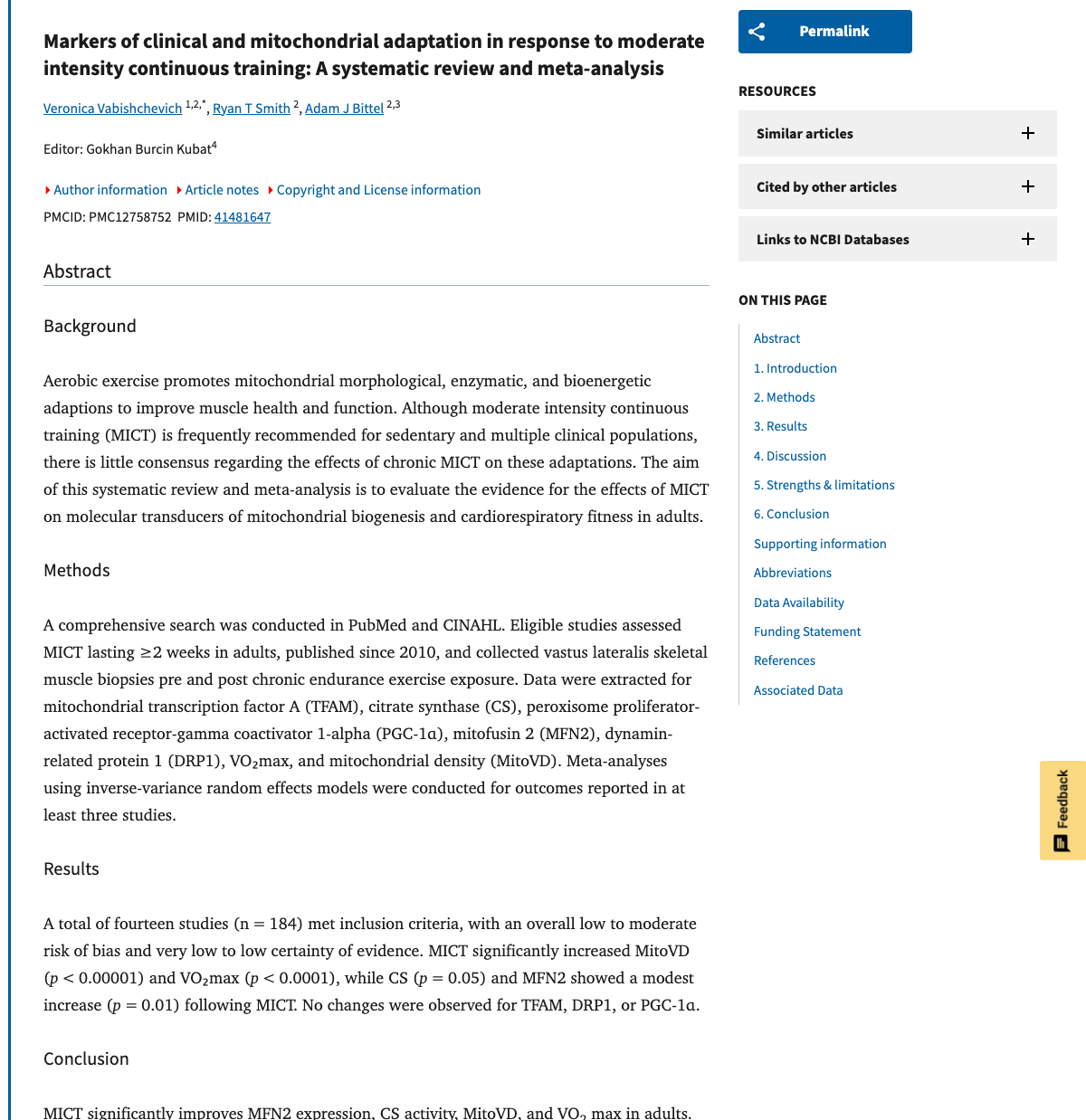 Title and abstract of Markers of clinical and mitochondrial adaptation in response to moderate intensity continuous training: A systematic review and meta-analysis