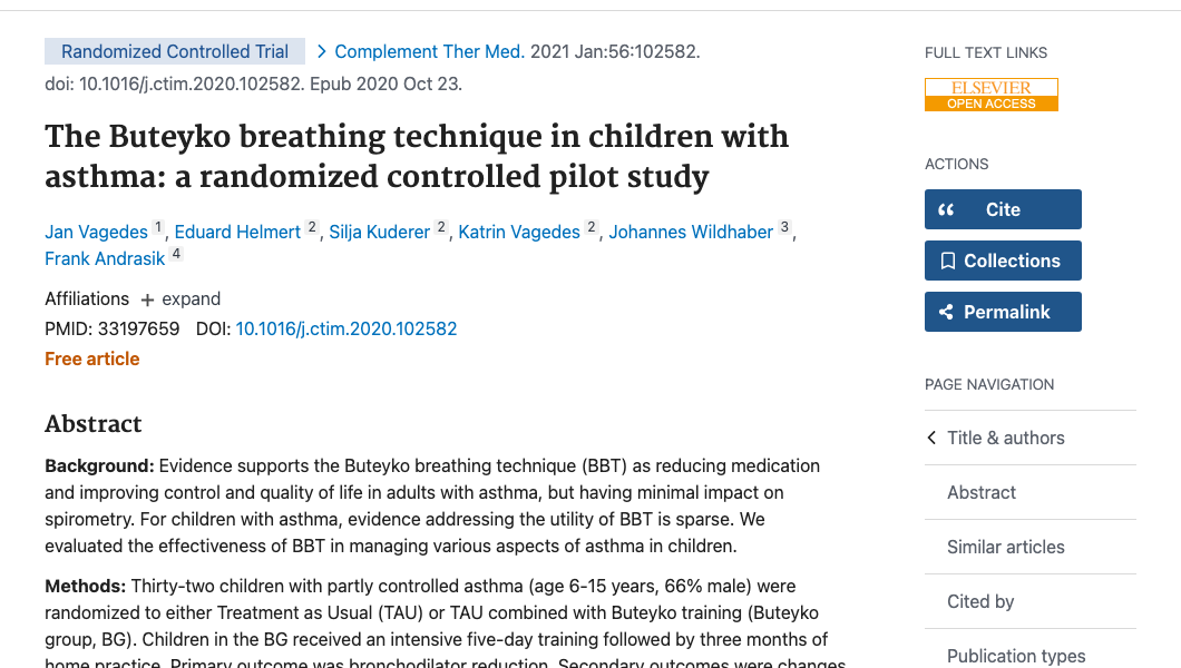 Title and abstract of The Buteyko breathing technique in children with asthma: a randomized controlled pilot study.