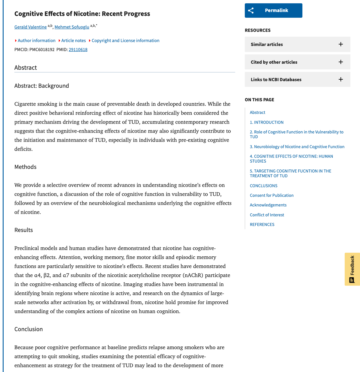 Title and abstract of Cognitive Effects of Nicotine: Recent Progress.