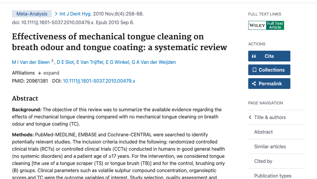 Title and abstract of Effectiveness of mechanical tongue cleaning on breath odour and tongue coating: a systematic review.