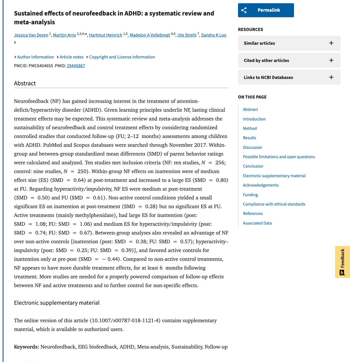 Title and abstract of Sustained Effects of Neurofeedback in ADHD: A Systematic Review and Meta-Analysis