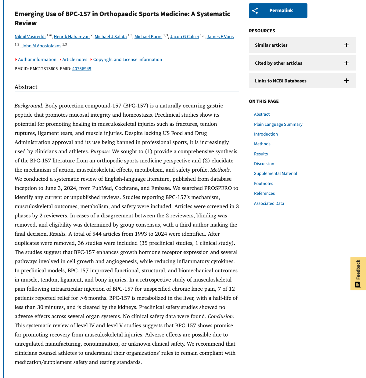 Title and abstract of Emerging Use of BPC-157 in Orthopaedic Sports Medicine: A Systematic Review.