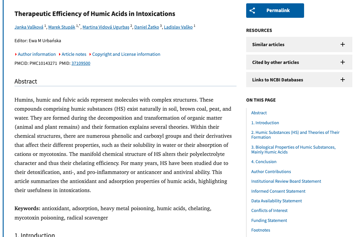 Title and abstract of Therapeutic Efficiency of Humic Acids in Intoxications