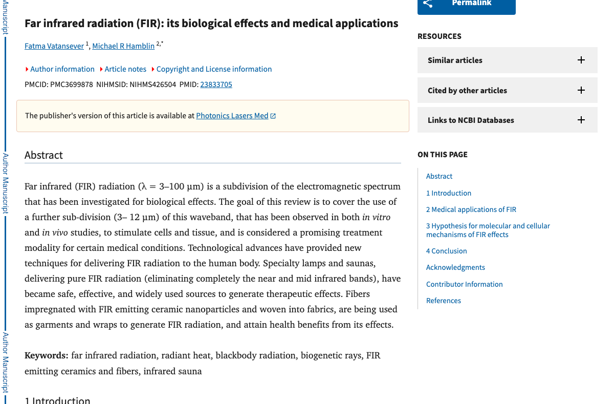 Title and abstract of Far infrared radiation (FIR): its biological effects and medical applications