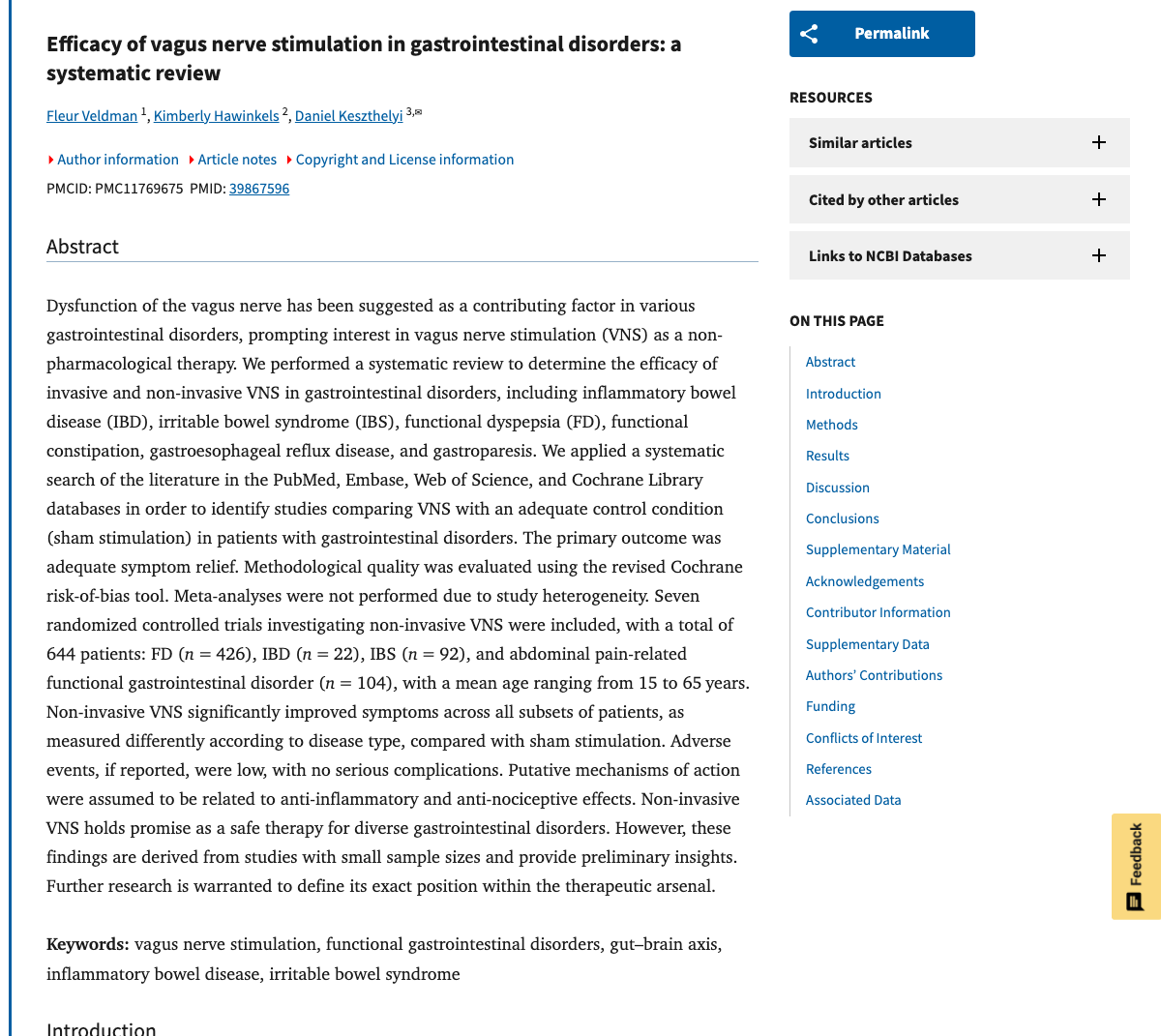 Title and abstract of Efficacy of vagus nerve stimulation in gastrointestinal disorders: a systematic review.