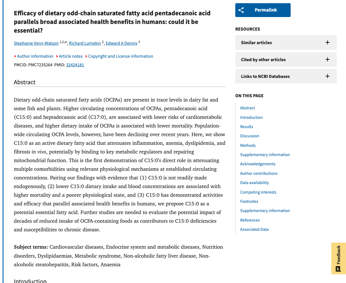 Title and abstract of Efficacy of dietary odd-chain saturated fatty acid pentadecanoic acid parallels broad associated health benefits in humans