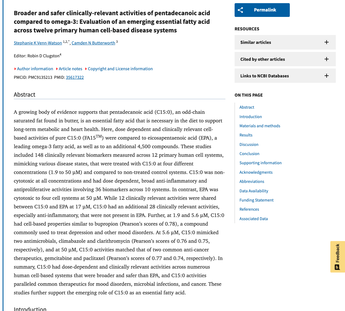 Title and abstract of Broader and safer clinically-relevant activities of pentadecanoic acid compared to omega-3: Evaluation of an emerging essential fatty acid across twelve primary human cell-based disease systems