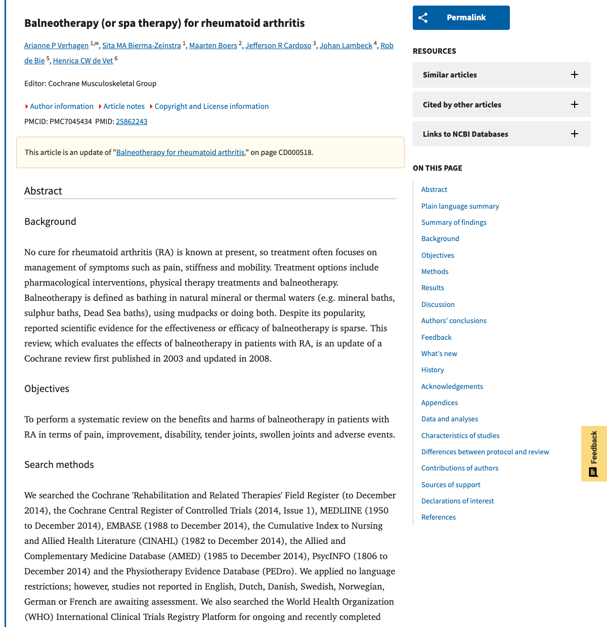 Title and abstract of Balneotherapy (or Spa Therapy) for Rheumatoid Arthritis