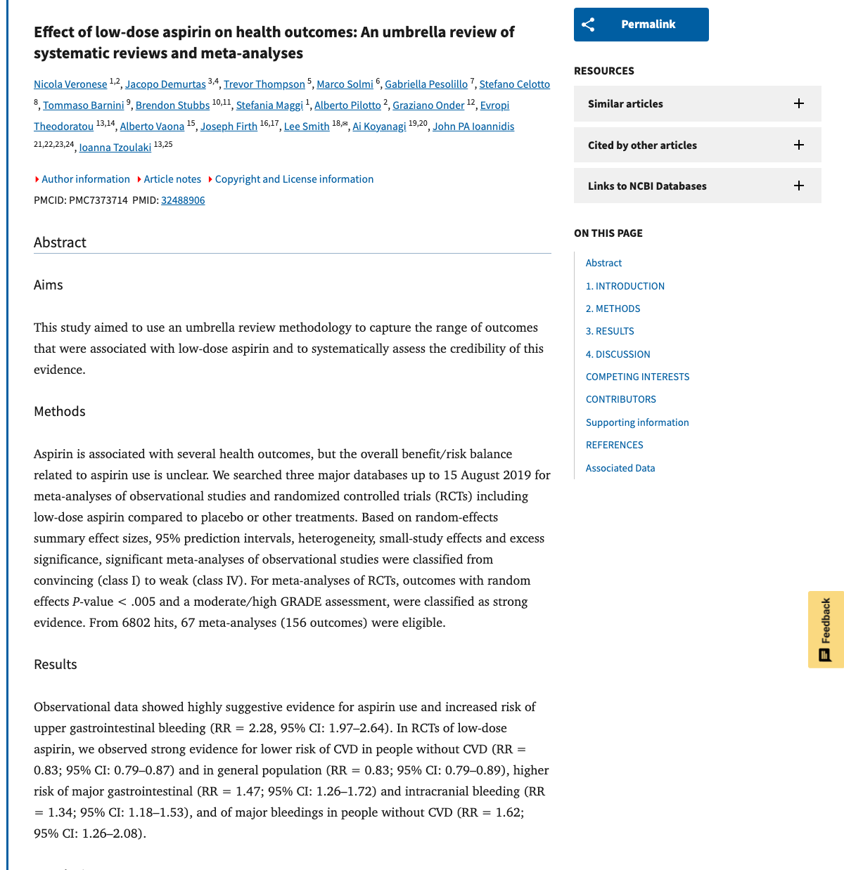 Title and abstract of Effect of low-dose aspirin on health outcomes: An umbrella review of systematic reviews and meta-analyses.