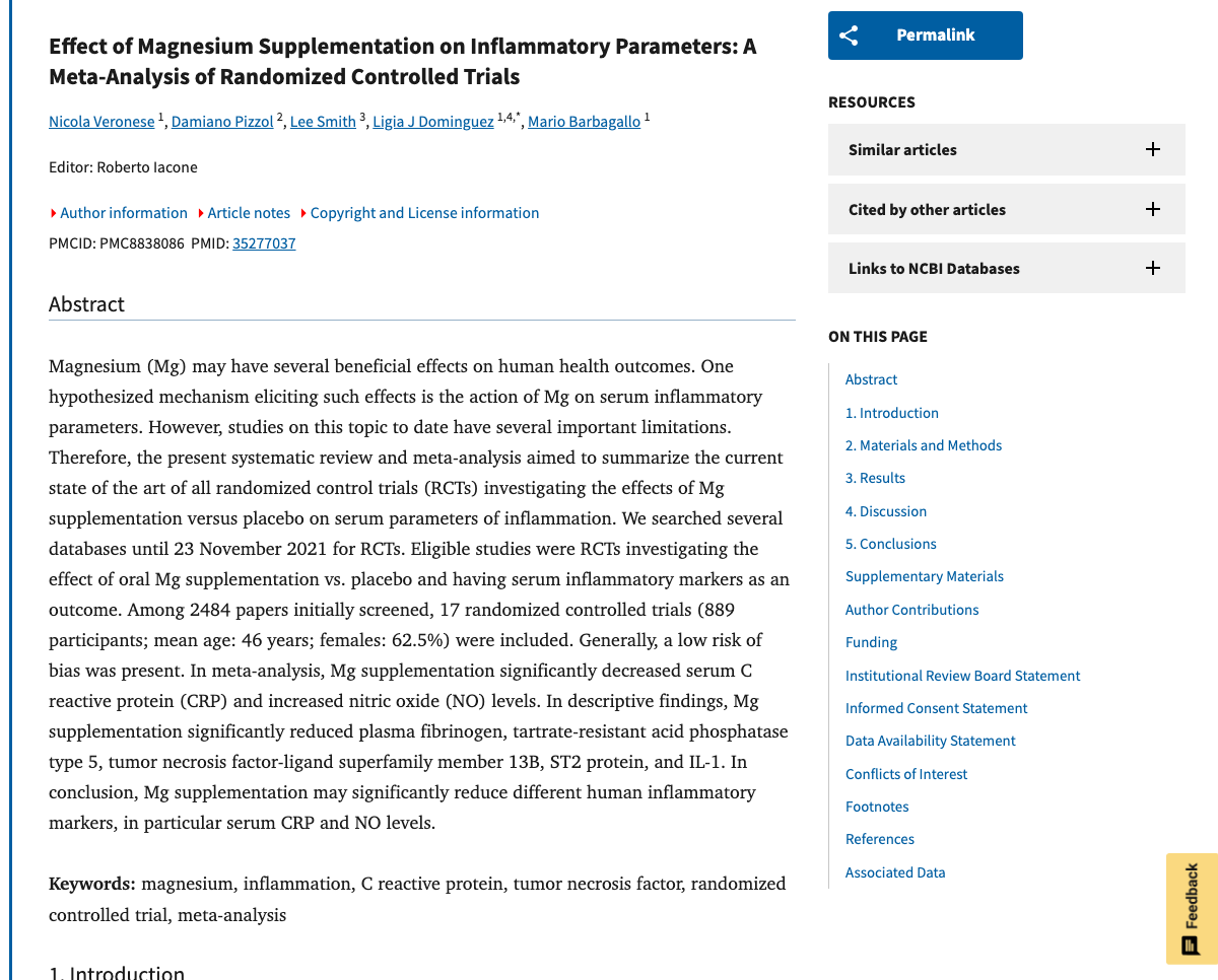 Title and abstract of Effect of Magnesium Supplementation on Inflammatory Parameters: A Meta-Analysis of Randomized Controlled Trials.