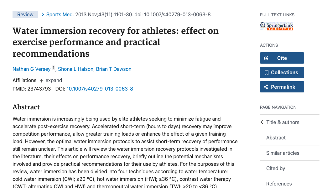 Title and abstract of Water Immersion Recovery for Athletes: Effect on Exercise Performance and Practical Recommendations