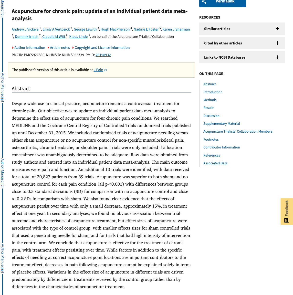 Title and abstract of Acupuncture for Chronic Pain: Update of an Individual Patient Data Meta-Analysis