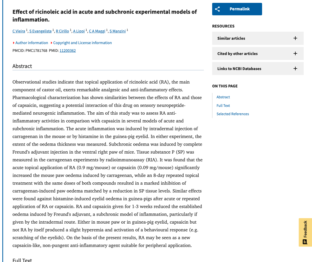 Title and abstract of Effect of Ricinoleic Acid in Acute and Subchronic Experimental Models of Inflammation