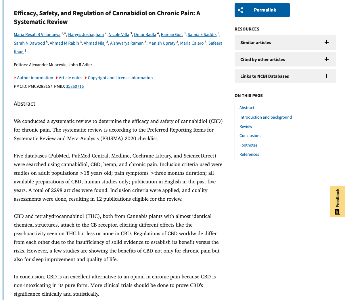 Title and abstract of Efficacy, Safety, and Regulation of Cannabidiol on Chronic Pain: A Systematic Review.