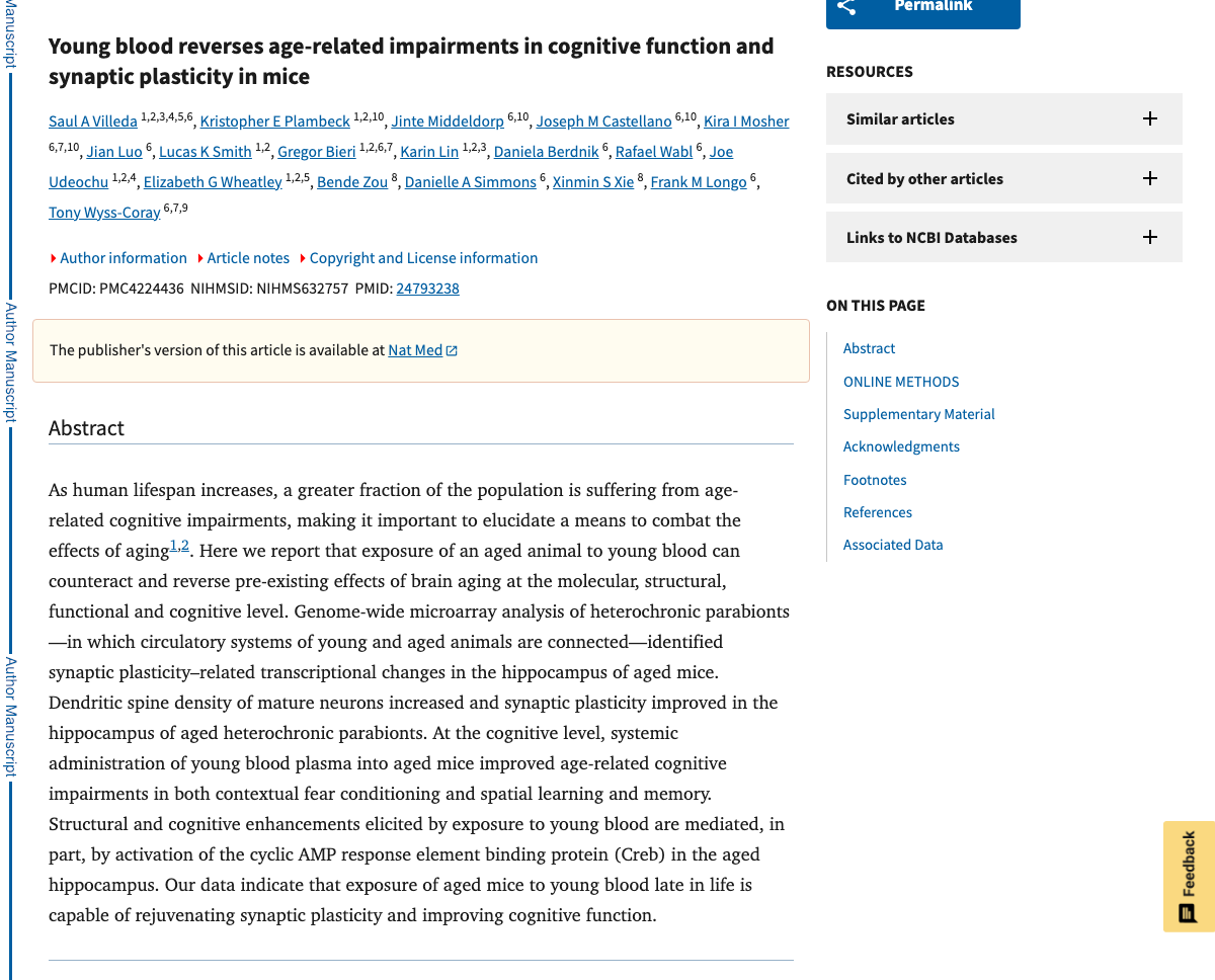 Title and abstract of Young blood reverses age-related impairments in cognitive function and synaptic plasticity