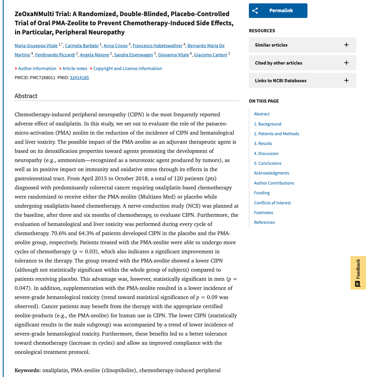 Title and abstract of ZeOxaNMulti Trial: A Randomized, Double-Blinded, Placebo-Controlled Trial of Oral PMA-zeolite to prevent Chemotherapy-Induced Side Effects, in particular, Peripheral Neuropathy.
