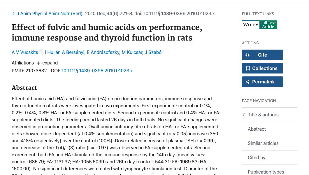 Title and abstract of Effect of fulvic and humic acids on performance, immune response and thyroid function in rats