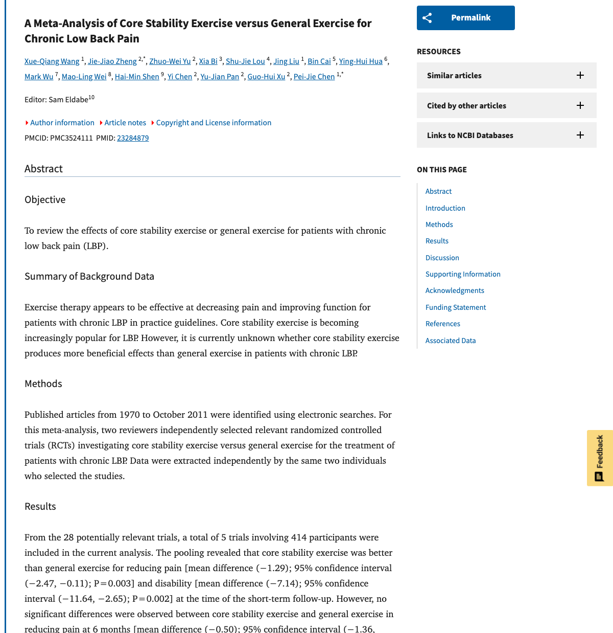 Title and abstract of A meta-analysis of core stability exercise versus general exercise for chronic low back pain.