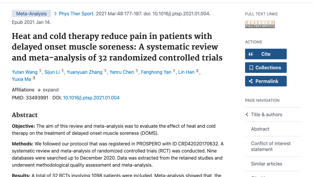 Title and abstract of Heat and cold therapy reduce pain in patients with delayed onset muscle soreness: A systematic review and meta-analysis of 32 randomized controlled trials.