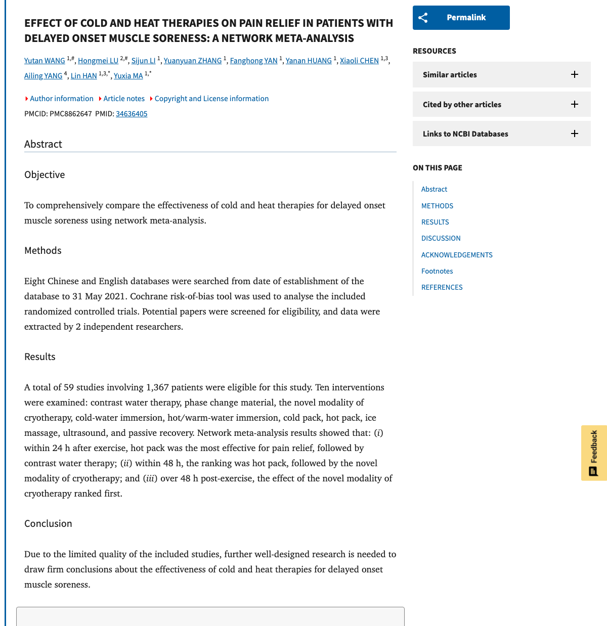 Title and abstract of Effect of cold and heat therapies on pain relief in patients with delayed onset muscle soreness: A network meta-analysis.