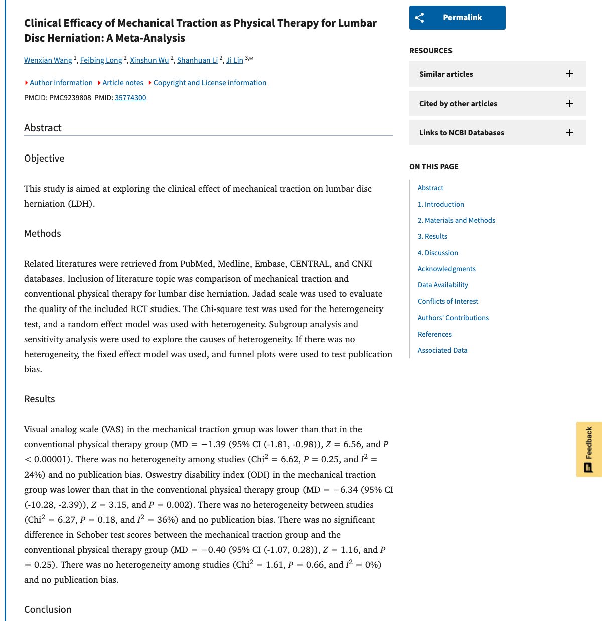 Title and abstract of Clinical Efficacy of Mechanical Traction as Physical Therapy for Lumbar Disc Herniation: A Meta-Analysis.