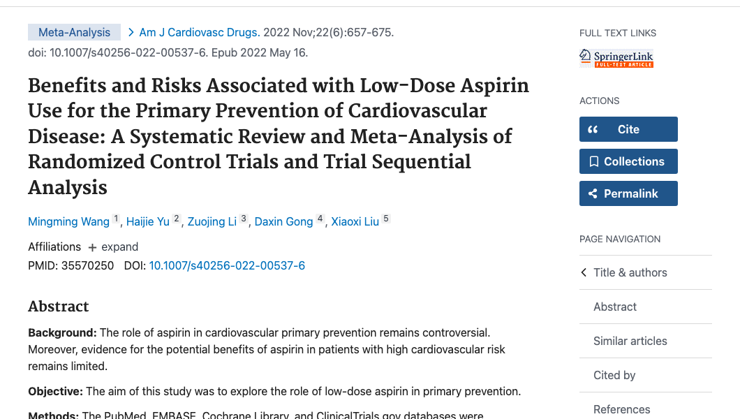 Title and abstract of Benefits and Risks Associated with Low-Dose Aspirin Use for the Primary Prevention of Cardiovascular Disease: A Systematic Review and Meta-Analysis of Randomized Control Trials and Trial Sequential Analysis.
