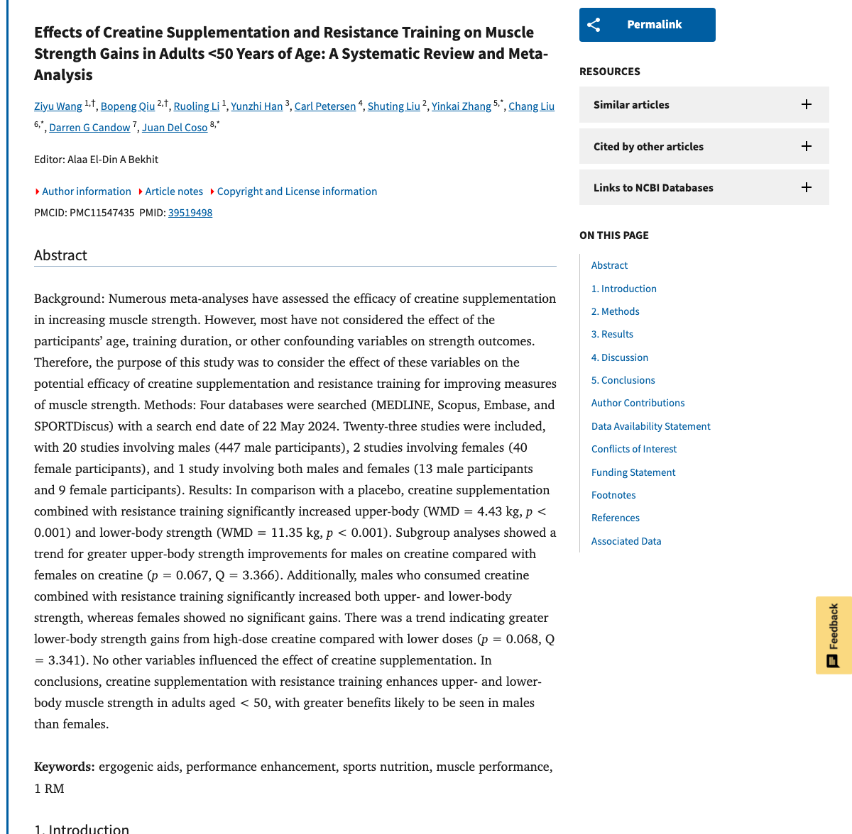 Title and abstract of Effects of Creatine Supplementation and Resistance Training on Muscle Strength Gains in Adults <50 Years of Age: A Systematic Review and Meta-Analysis.