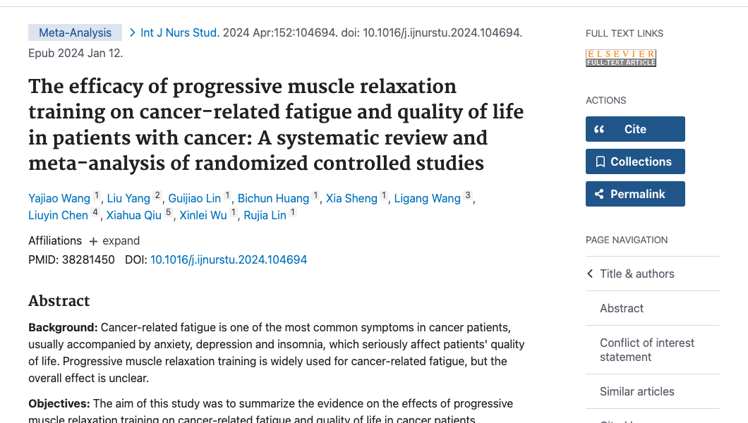 Title and abstract of The efficacy of progressive muscle relaxation training on cancer-related fatigue and quality of life in patients with cancer: A systematic review and meta-analysis of randomized controlled studies.