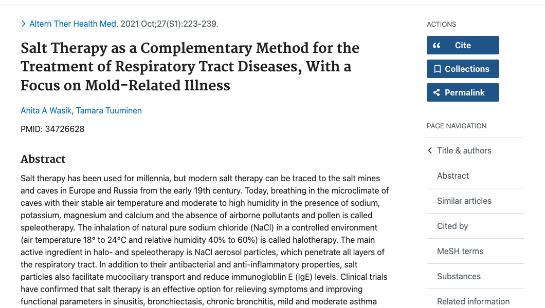 Title and abstract of Salt Therapy as a Complementary Method for the Treatment of Respiratory Tract Diseases, With a Focus on Mold-Related Illness.